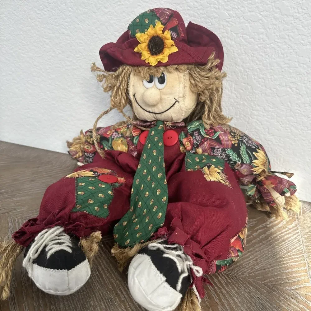 Vintage Fall Harvest‎ Scarecrow Doll Plush Decor Sunflower Boy Cottagecore 1996